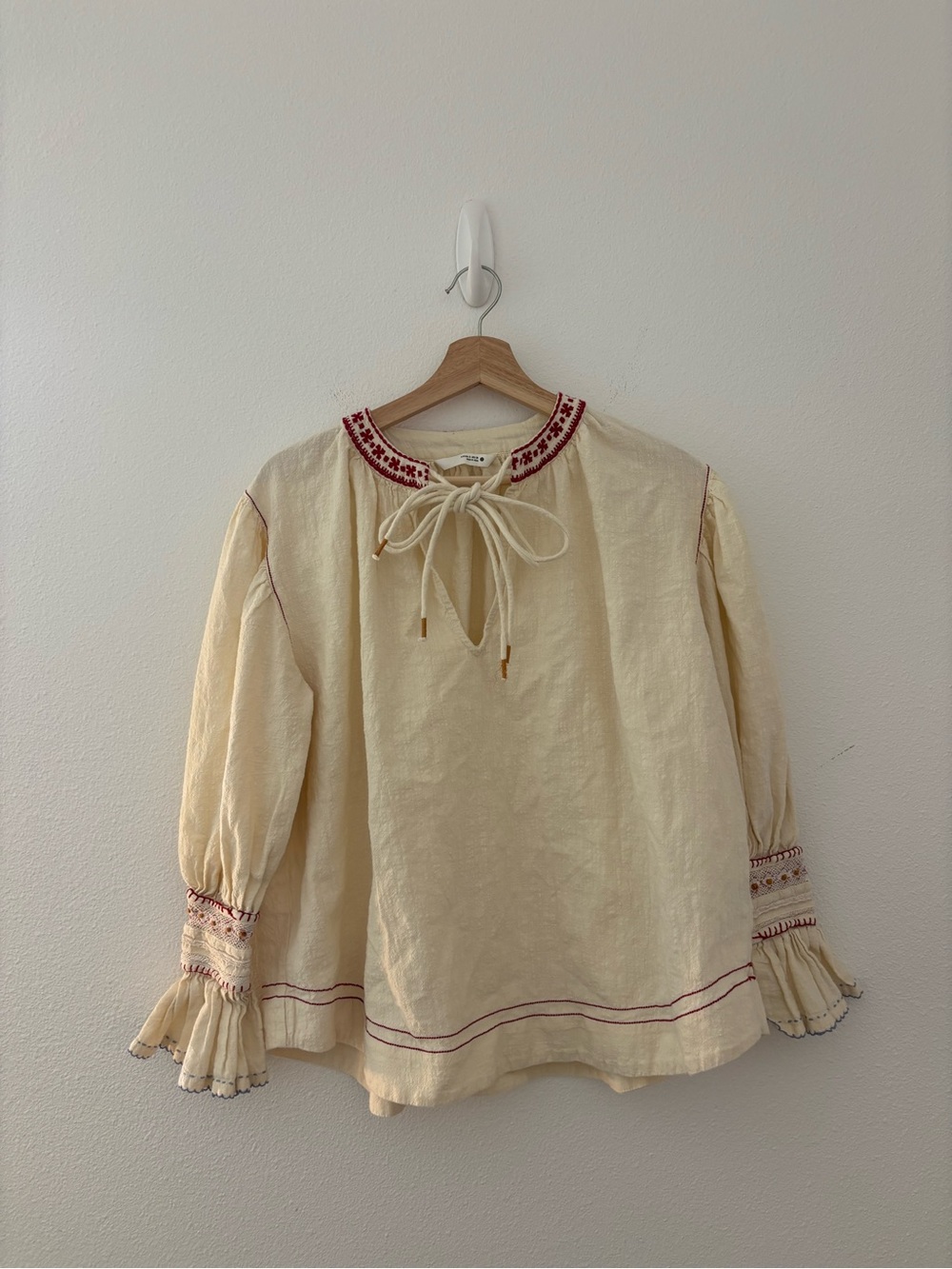 Zara embroidered red and cream long sleeve blouse